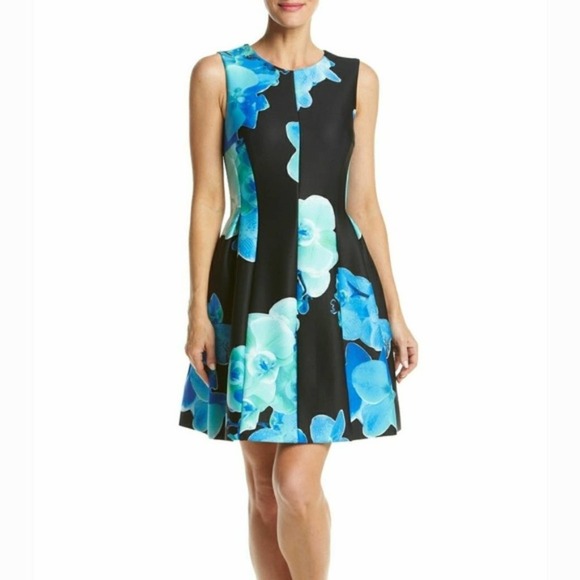 Calvin Klein Dresses & Skirts - Calvin Klein Floral Fit & Flare Dress 6 Cocktail Sleeveless A Line Blue Black